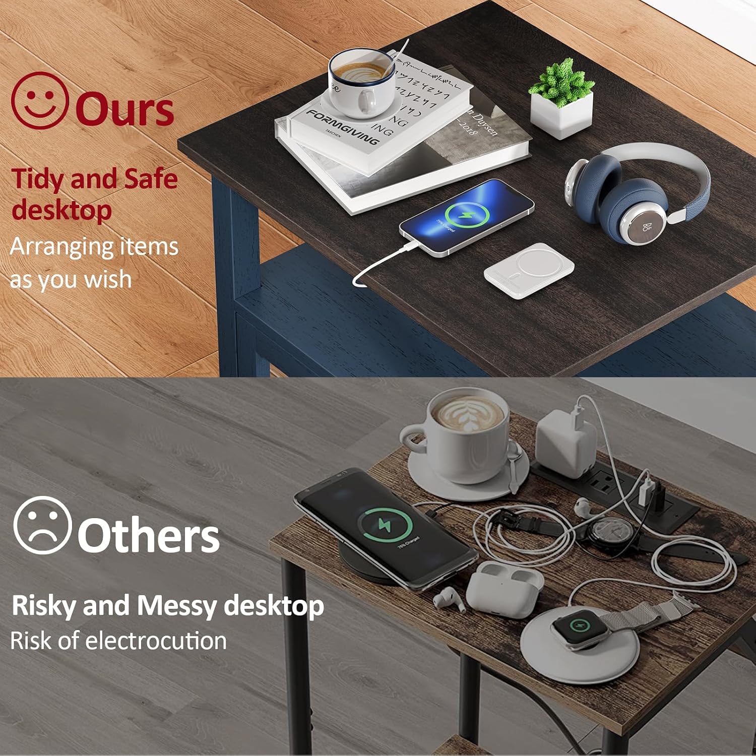 HIFYOBRO 24''Tall End Table with Charging Station, Adjustable Shelf, Storage Side Table,21' Large Nightstand for Living Room, Bedroom