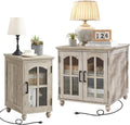 RWYHG Farmhouse End Table Set of 2 with Charging Station, 18'' Narrow Side Table and 24' Large Sofa Table with Glass Barn Door Storage, Wood Night Stand Bedside Cabinet for Living Room,Bedroom