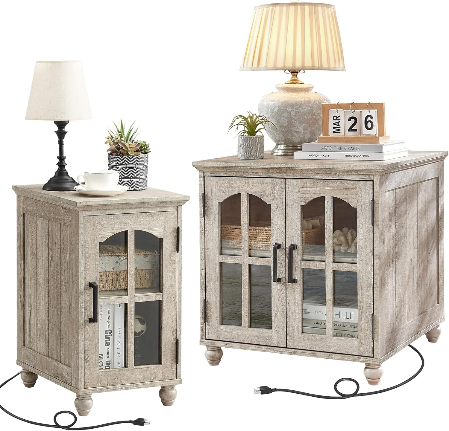 RWYHG Farmhouse End Table Set of 2 with Charging Station, 18'' Narrow Side Table and 24' Large Sofa Table with Glass Barn Door Storage, Wood Night Stand Bedside Cabinet for Living Room,Bedroom