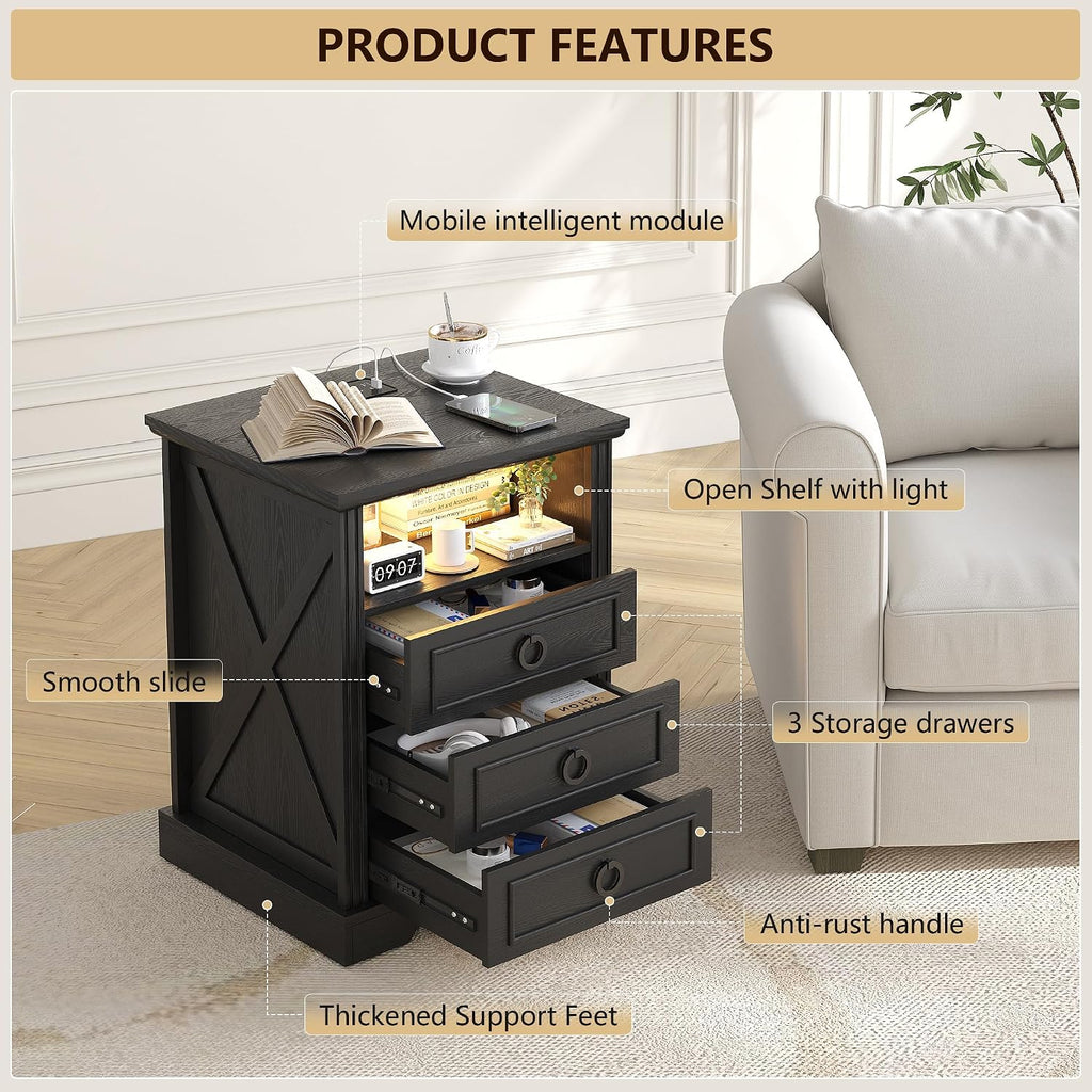Nightstand Set 2 with Charging Station,Farmhouse End Side Table with 3 Drawers and Open Storage,Smart Bedside Table with LED Light & Human Sensor, Black
