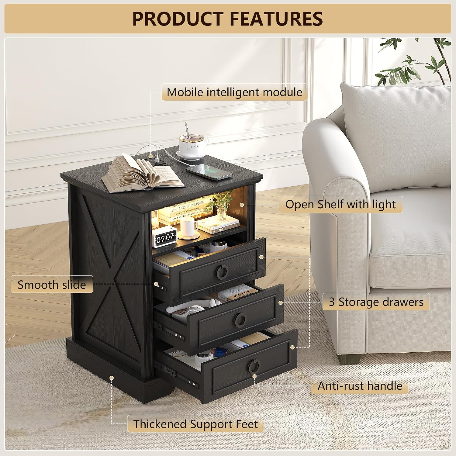 Nightstand Set 2 with Charging Station,Farmhouse End Side Table with 3 Drawers and Open Storage,Smart Bedside Table with LED Light & Human Sensor, Black
