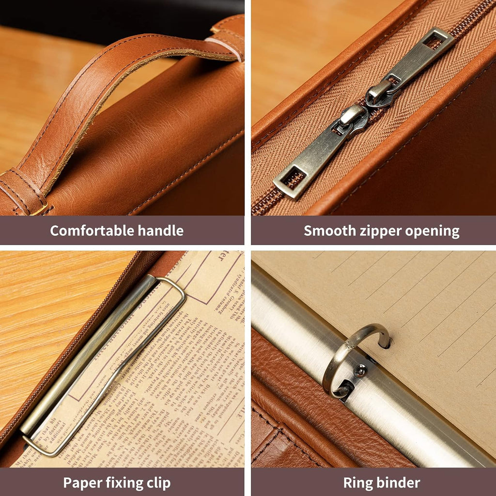 YIWEN Personalized Leather Portfolio with Handle, 3 Ring Binder, Zippered Padfolio for 13' Tablet, 8.5 x 11 Notepad, Professional Business Document Organizer (Brown, Oil Wax Leather)