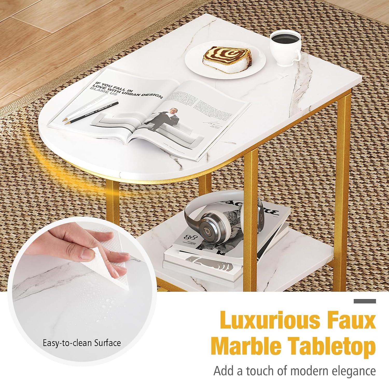 Giantex C Shaped End Table Set of 2, Modern Sofa Side Table with Faux Marble Tabletop & Storage Shelf, Slide Under Sofa Bed, 2-Tier Couch Table for Small Spaces Living Room Bedroom, White
