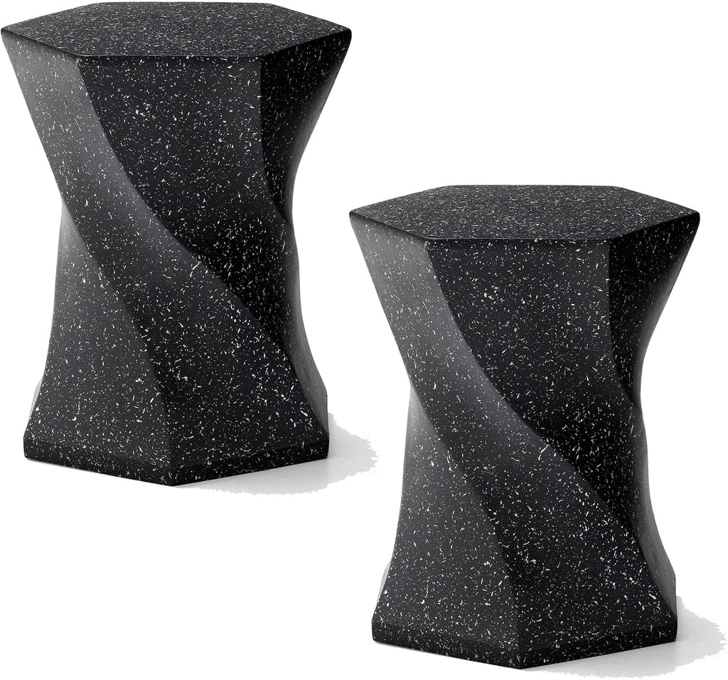 Glitzhome Outdoor Side Table Set of 2, 17.75' H Decorative Garden Stool MGO Twist Faux Terrazzo End Table, Round Planter Stand for Indoor Outdoor Living Room Bedroom Patio Deck Poolside, Black