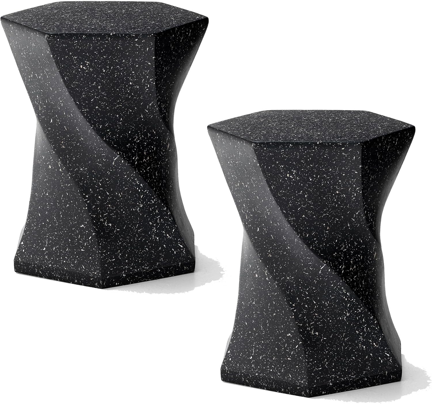 Glitzhome Outdoor Side Table Set of 2, 17.75' H Decorative Garden Stool MGO Twist Faux Terrazzo End Table, Round Planter Stand for Indoor Outdoor Living Room Bedroom Patio Deck Poolside, Black