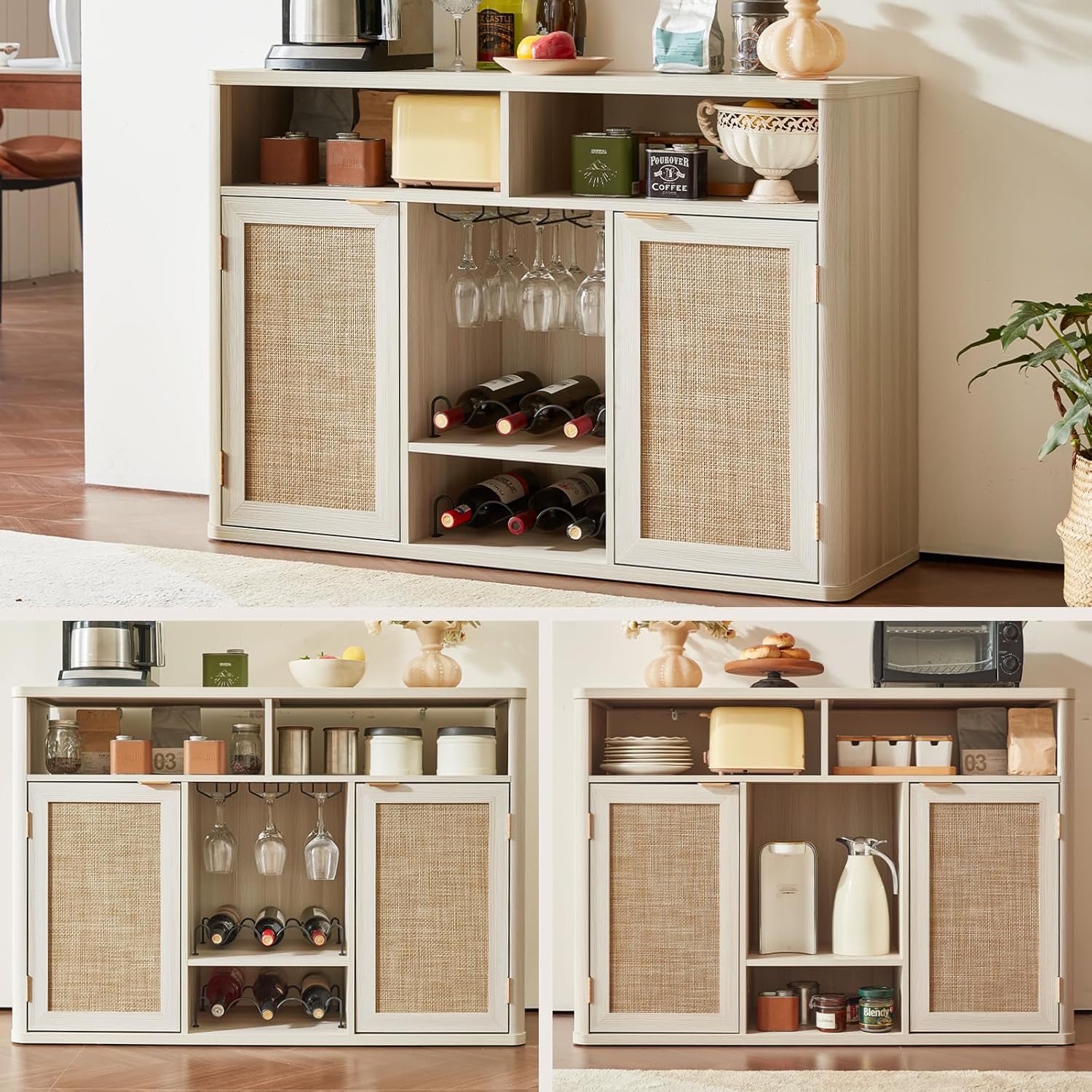 Lerliuo Rattan Wine Cabinet with 2 Doors, Boho Liquor Cabinet with Wine Racks, Farmhouse Coffee Bar Station for Living Room, Dining Room, Kitchen, Grey White