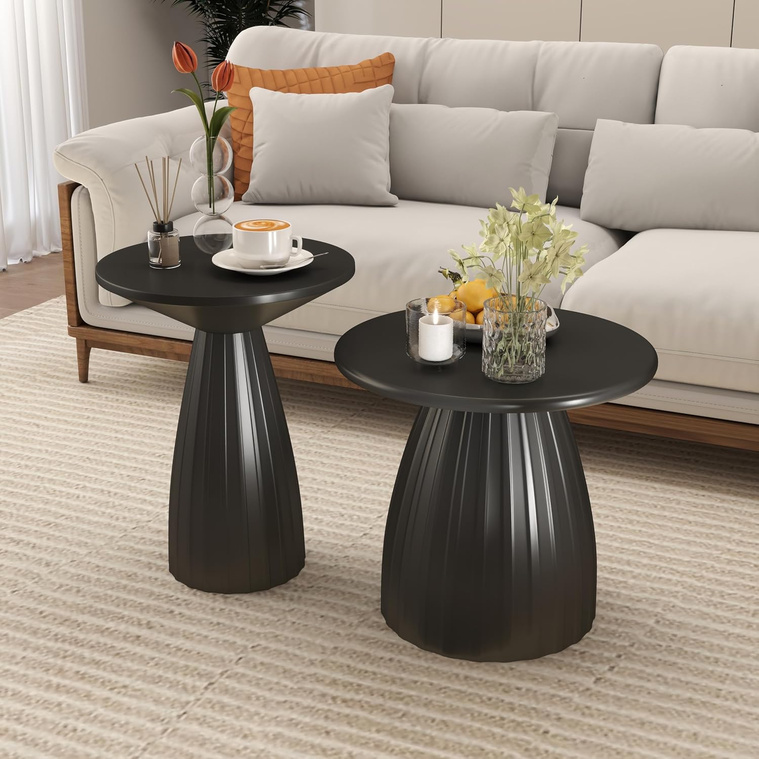 Black Round Side Table Set of 2 for Sofa, Metal Small Circle Couch End Table, Modern Round Nightstand, Mid Century Bedroom Night Stand, for Living Room, Skinny, 15.5 Inches