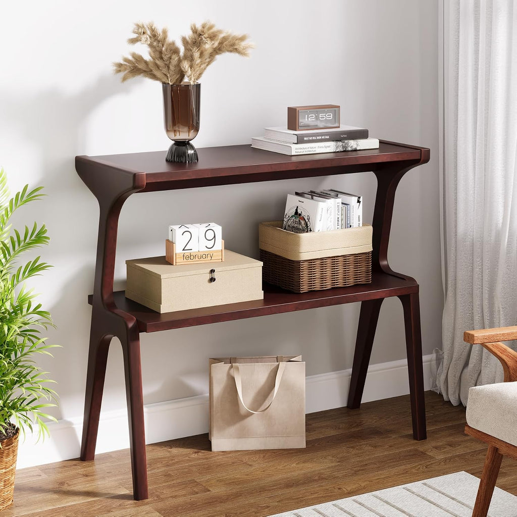 Tribesigns Set of 2 Wood Side Table, 2-Tier Narrow Tall End Table, Slim Side Table for Couch, Long Bedside Table for Bedroom, Living Room, Burgundy