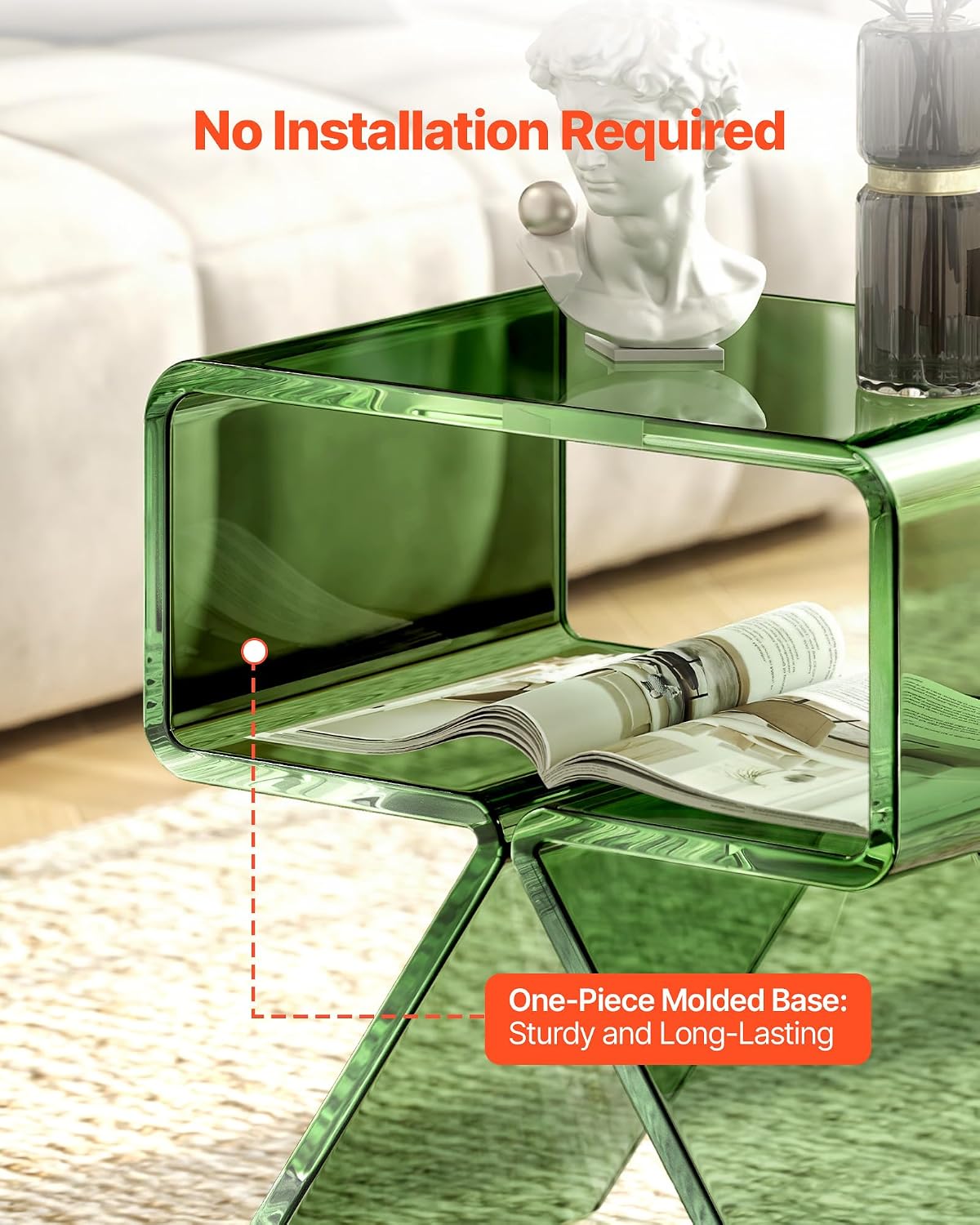 VEVOR Acrylic Nightstand Side Table, Modern Clear End Table with Storage Shelf, Transparent Small Bedside Table for Bedroom, Home Decor, Living Room, No Assembly Needed, Green