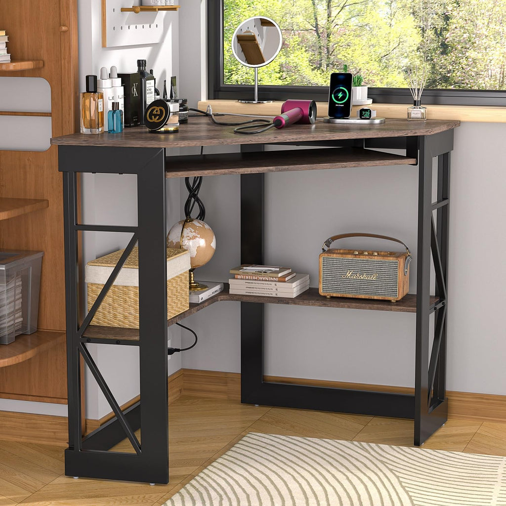 VECELO Corner Desk, Triangle Computer Desk for Small Space with Charging Station and Keyboard Tray, Corner Makeup Table with Storage Shelves for Home Office Bedroom, 41x30, Rustic Brown