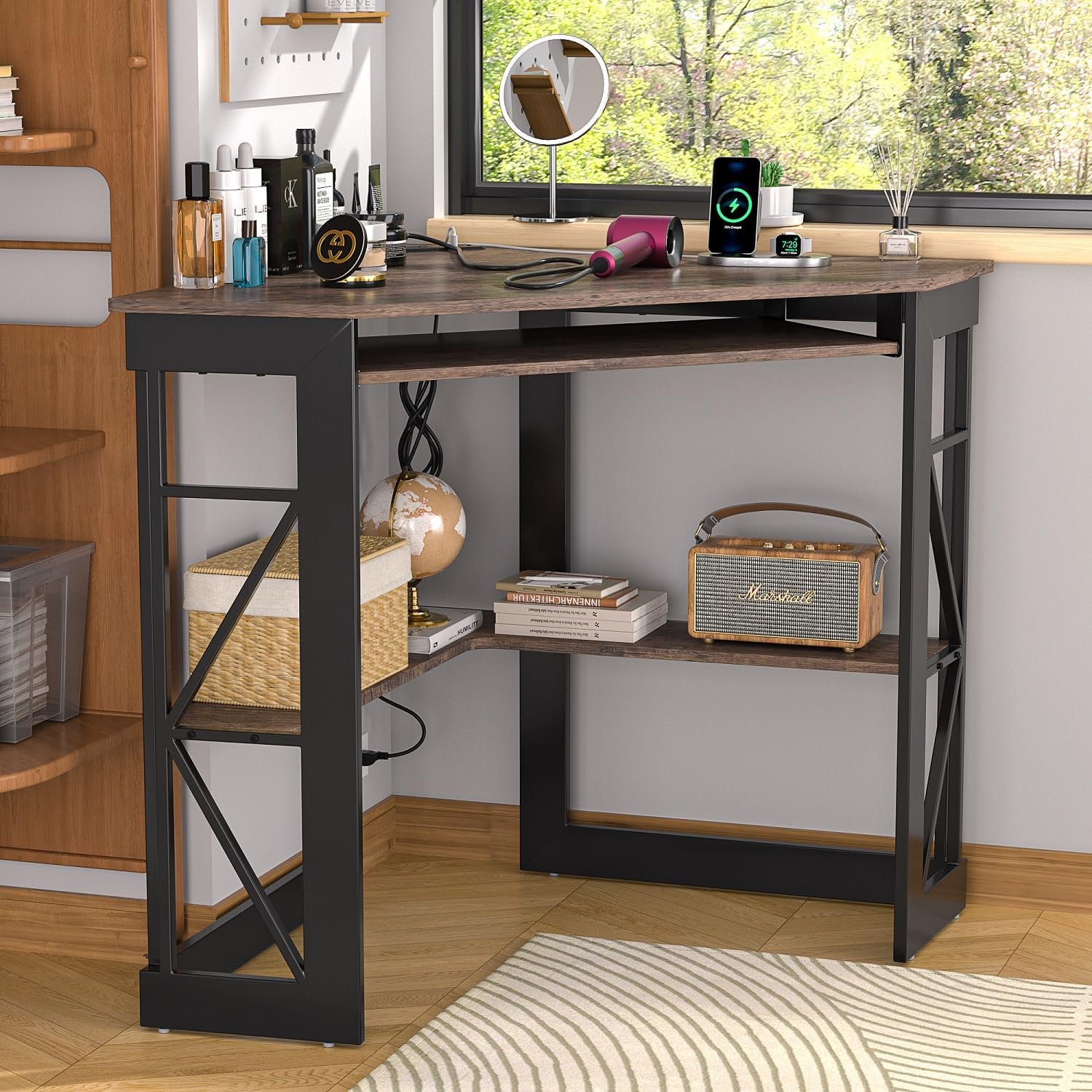 VECELO Corner Desk, Triangle Computer Desk for Small Space with Charging Station and Keyboard Tray, Corner Makeup Table with Storage Shelves for Home Office Bedroom, 41x30, Rustic Brown