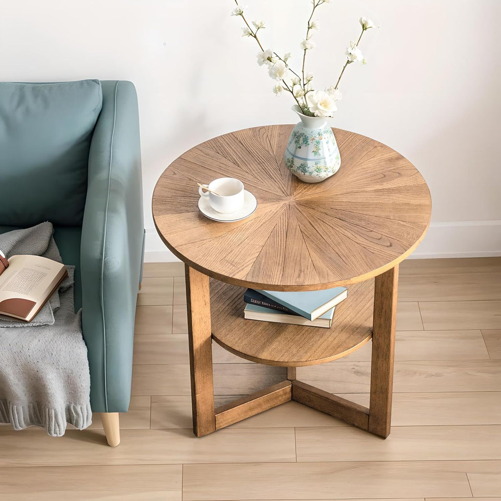 Gexpusm Round Wood End Table for Living Room, 2 Tier Farmhouse Circle Side Table, Rustic Mid-Century Wooden End Table for Apartment, Easy Assembly(25.20x25.20x24.21 in,Espresso)