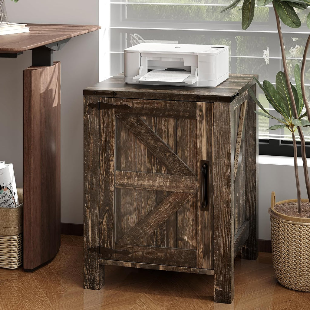 Garvee Rustic Farmhouse Nightstand with Charging Station, Barn Door and Adjustable Storage Shelf, Wooden Small Bedside Table, 18' Modern Two-Tier Nightstand & End Table for Bedroom (2, Dark Brown)