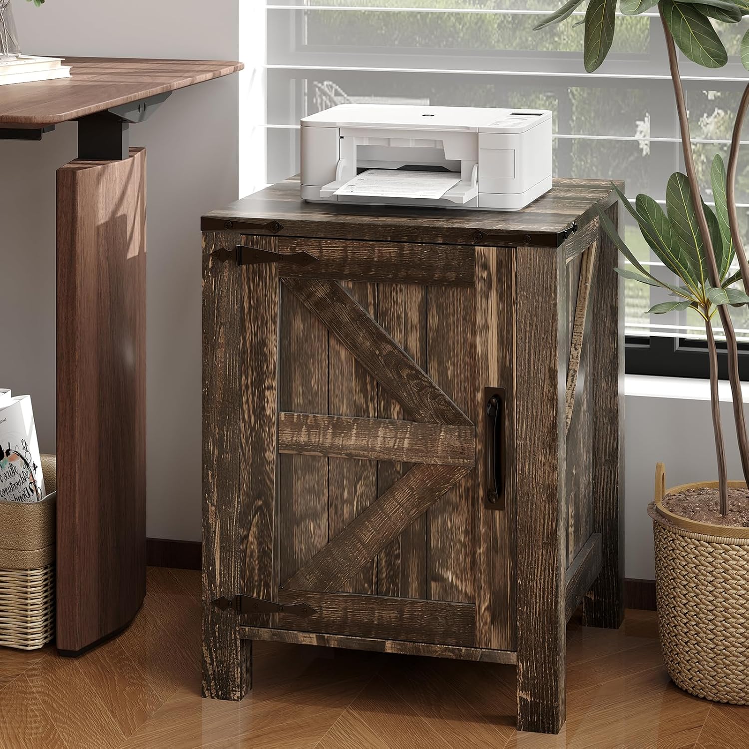 Garvee Rustic Farmhouse Nightstand with Charging Station, Barn Door and Adjustable Storage Shelf, Wooden Small Bedside Table, 18' Modern Two-Tier Nightstand & End Table for Bedroom (2, Dark Brown)
