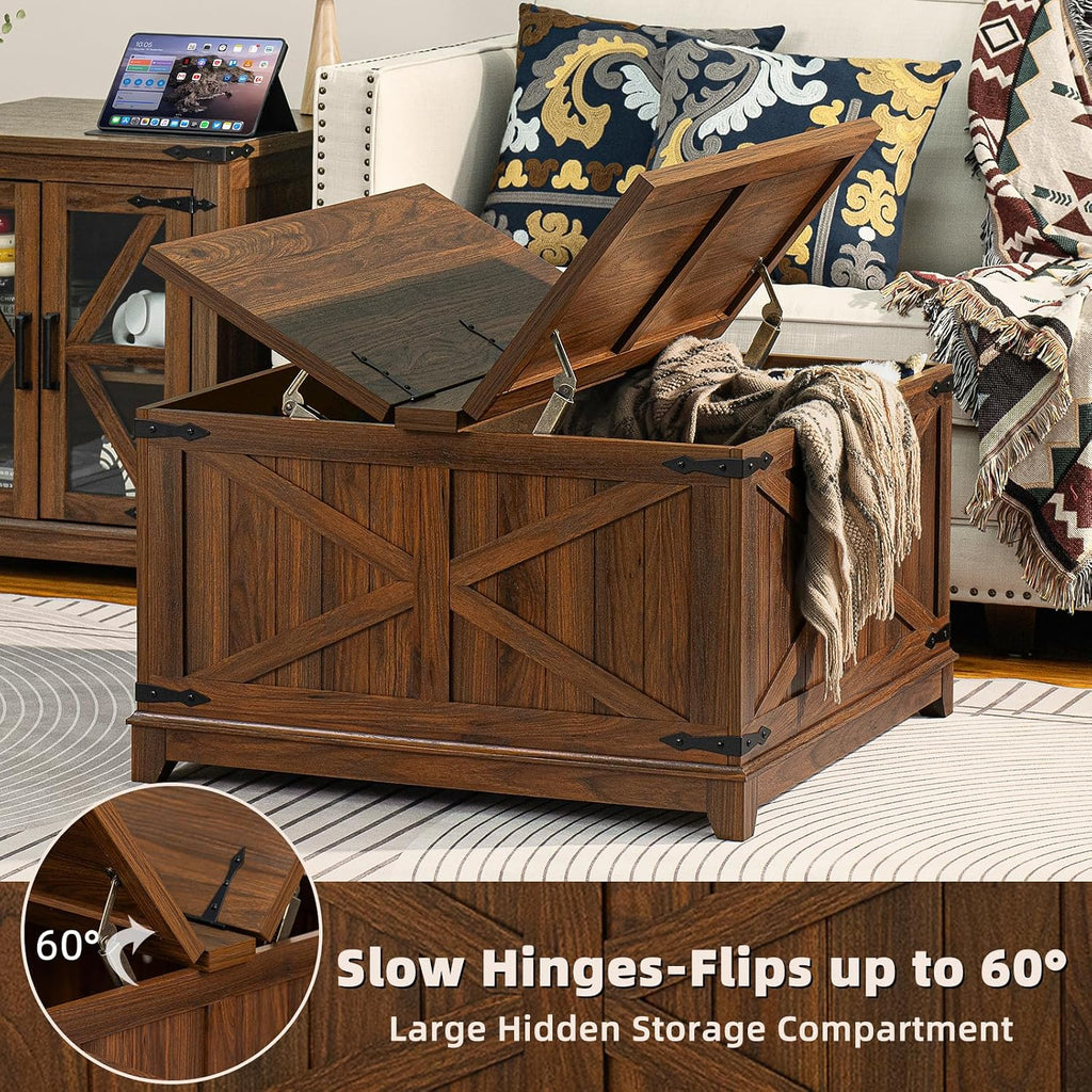 Joaxswe Farmhouse Coffee Table Sets 3 Pieces, 24'' End Table with Charger and Narrow 14'' Nightstand w/Glass Barn Door, Large Coffee Tables with Hidden Storage Organizer, Living Room Sets