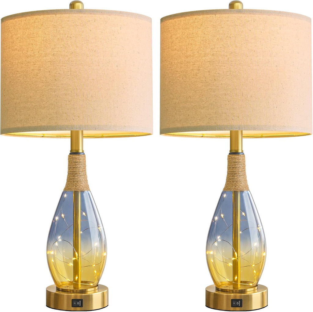 OYEARS 23' Table Lamps for Living Room Set of 2,Bedside Lamps for Night Stands, Rattan Lamps for Bedroom,Farmhouse Lamps with Glass Nightlight,Two Light Points