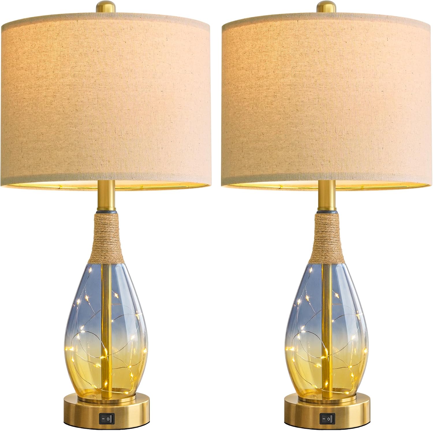 OYEARS 23' Table Lamps for Living Room Set of 2,Bedside Lamps for Night Stands, Rattan Lamps for Bedroom,Farmhouse Lamps with Glass Nightlight,Two Light Points