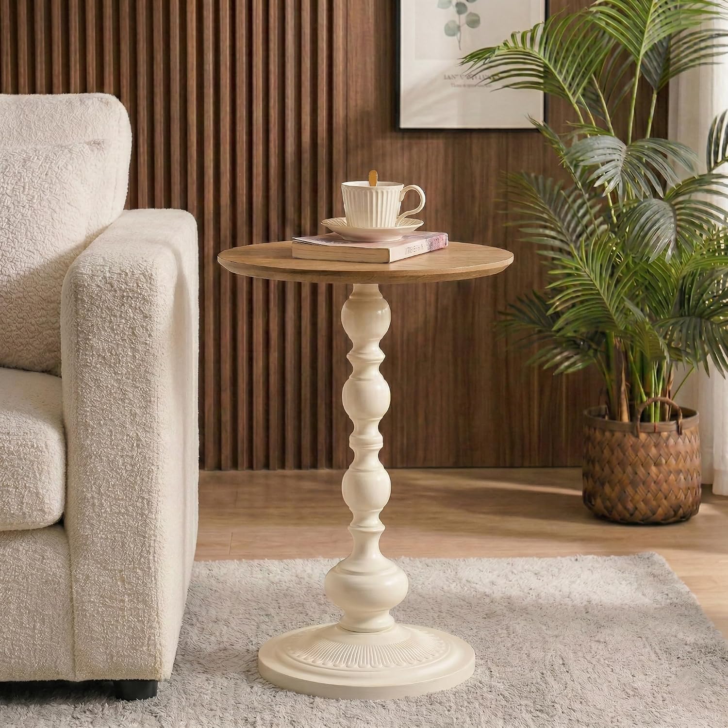 Small Round End Table, French Country Pedestal Accent Table with Wood Top & Vintage White Base, Farmhouse Side Table for Living Room, Bedroom, Small Spaces, 15.75' W x 20.87' H