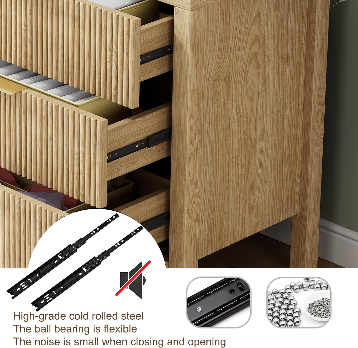 Nightstands Set of 2, Bedside End Table, Modern Wooden Night Stand with 6-Drawer - Boho Cabinet Accent Storage Furniture for Bedroom, Living Room, Nature