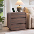 Standifurno Walnut 3 Drawers Nightstand, 25' Tall Wooden Bedside Table with Charging Station, Large Side Table Curved Profile, Handleless, Large End Table Night Stand for Bedroom, Office