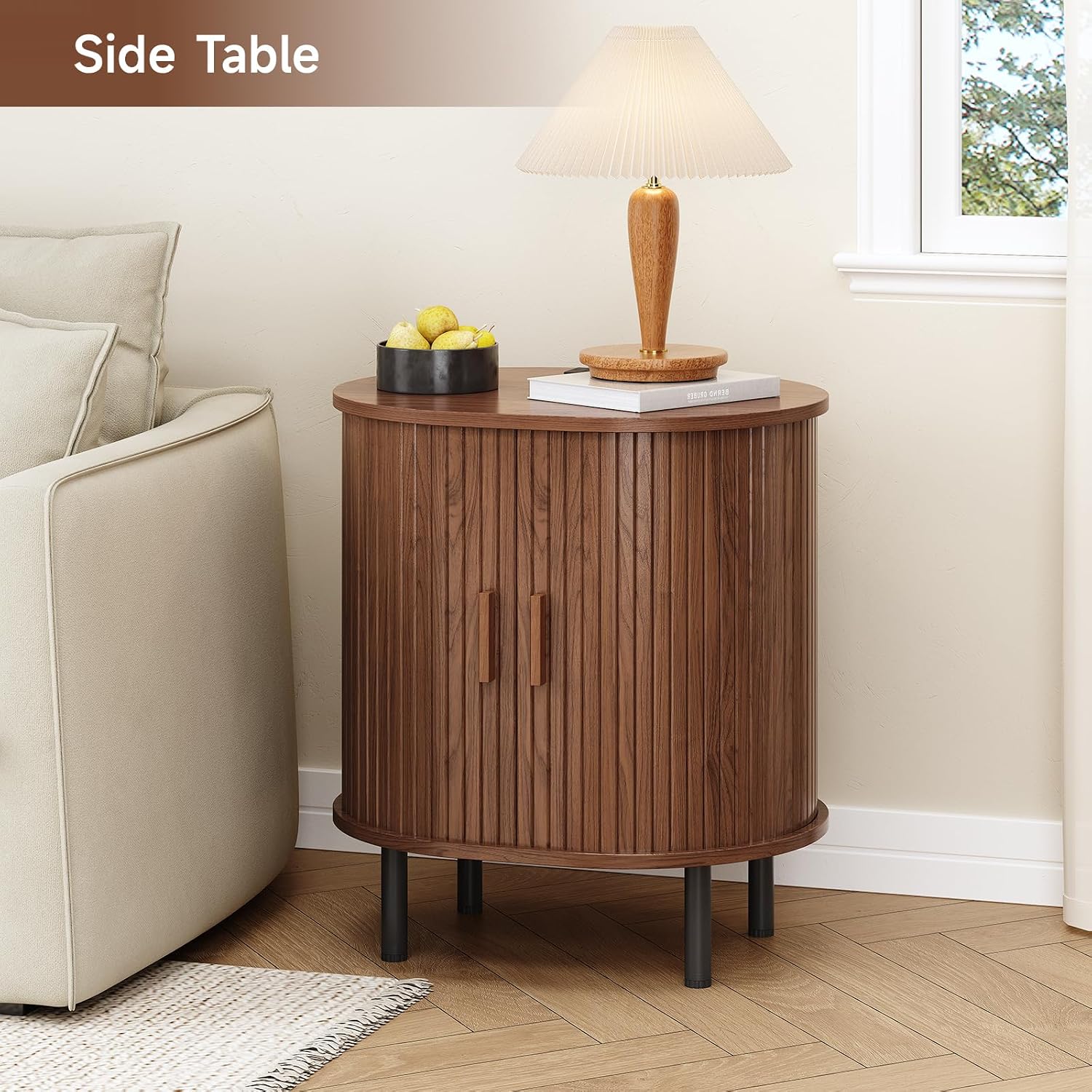 ONBRILL Oval End Table with Storage & Charging Station, Fluted Accent Side Table with Sliding Door & Adjustable Shelf, Mid-Century Modern Nightstand Set of 2 for Living Room, Bedroom, Walnut(2-Pack)