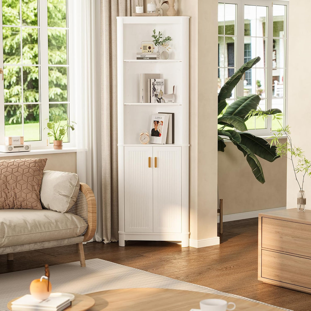 INNOD 69' Tall Corner Shelf with Doors, 6-Tier Corner Storage Cabinet with Doors, Space Saver Shelf for Bathroom, Bathroom Floor Cabinet for Living Room Kitchen, Hallway