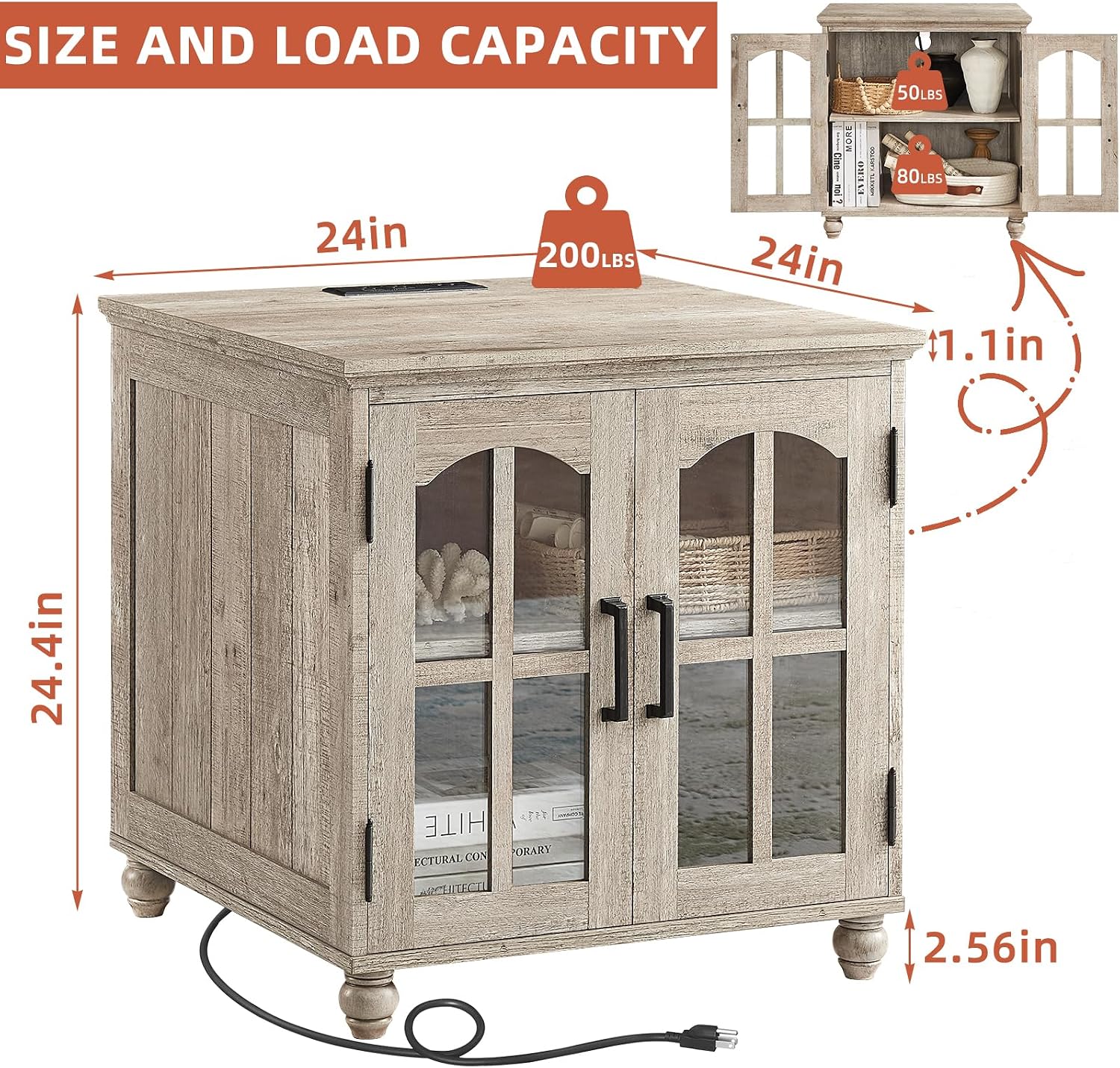 RWYHG Farmhouse End Table with Charging Station,24' Large Sofa Side Table with Glass Barn Door,Rustic Wood Night Stand with Adjustable Storage Shelf,Square Bedside Table for Living Room,Bedroom Office