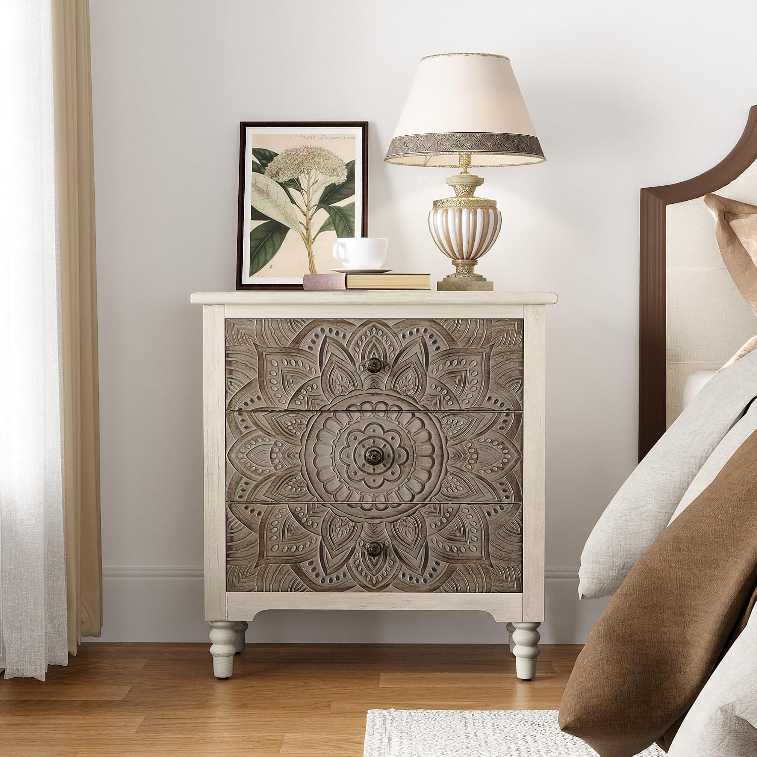 COSIEST 3 Drawers Nightstand Set of 2, Accent Dresser, 29'' Tall Wood Vintage Small Accent Chest, Bedside Table,Bedroom Furniture for Home, Entryway (Lotus Pattern)