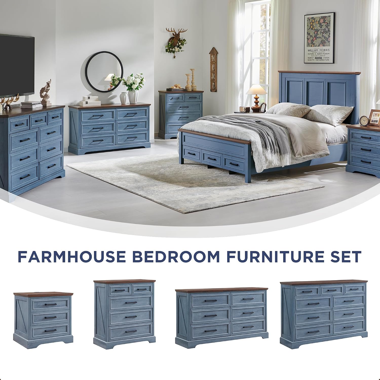 ACCOHOHO Farmhouse Nightstands Set of 2, 22 Inch Wide End Table with Charging Station & 3 Large Drawers, Rustic Wood Small Dresser Chest of Drawers for Bedroom, Living Room, Blue