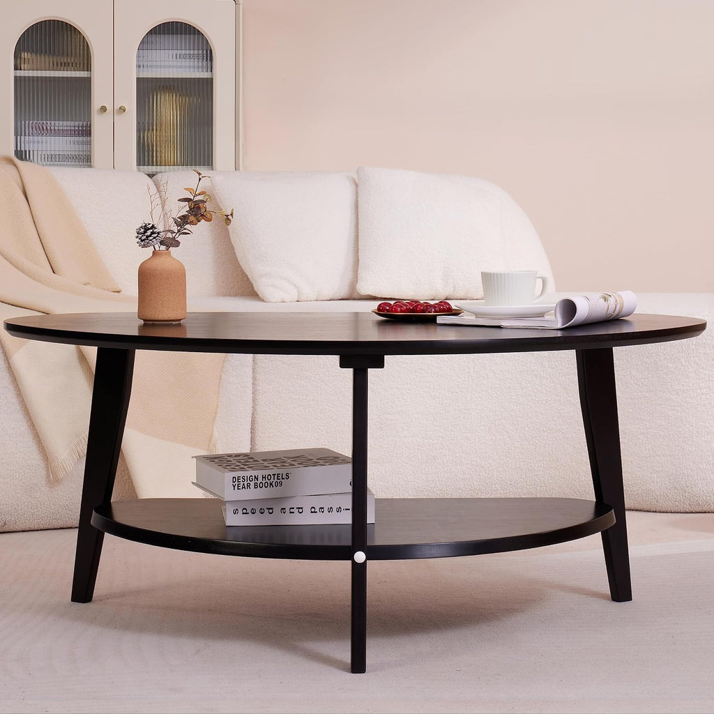 NAVREX Mid Century Modern Coffee Table, Oval Coffee Tables with Storage for Living Room, 2 Tier Solid Wood Center Table, Black Coffe Tables, Value Lies in Material, Easy Assembly, 40.2'*22'