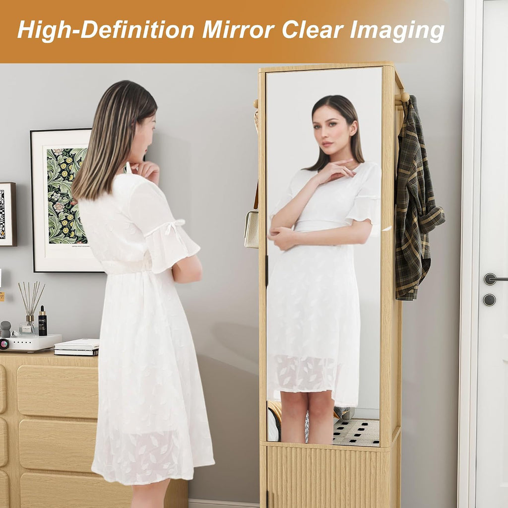 360° Rotating Makeup Cabinet Walnut, Jewelry Cabinet with Full-Length Mirror, Standing Storage Cabinet with Coat Rack, 4 Open & 2 Built-in Shelves for Bedroom Bathroom