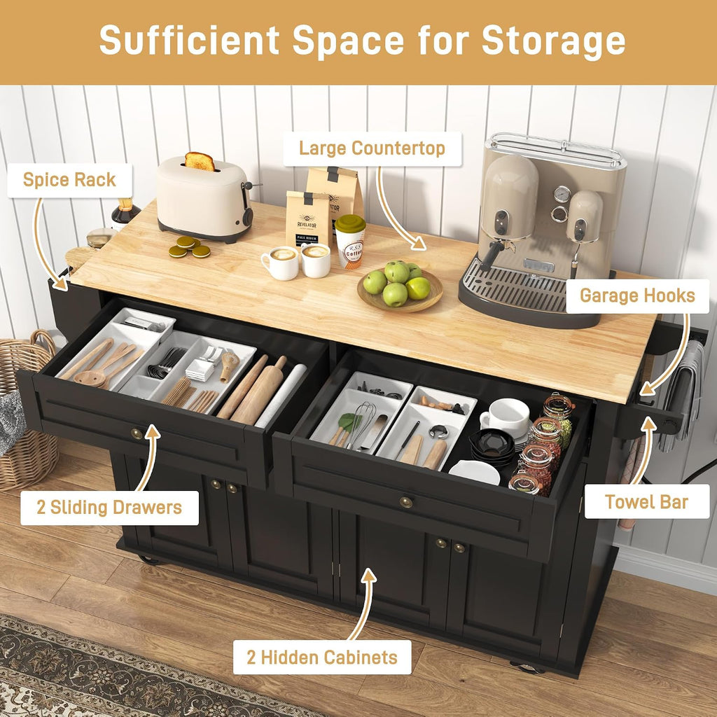 Hlivelood 55' Movable Kitchen Island with Drop Leaf and Power Outlet, Rolling Cart with Storage Cabinet, Island Table on Wheels for Kitchen with 2 Drawers, Spice Rack, Towel Bar, Garage Hook, Black