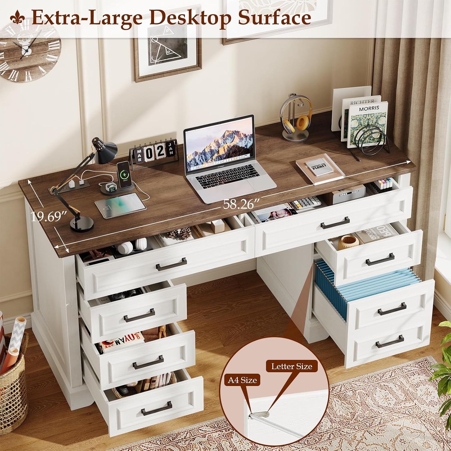 58' Executive Desk with 7 Drawers, Large Computer Desk with Charging Station , Wood Home Office Desk with File Drawer for Letter/A4 Size Hanging Files for Home Office, Rustic White and Rustic Brown