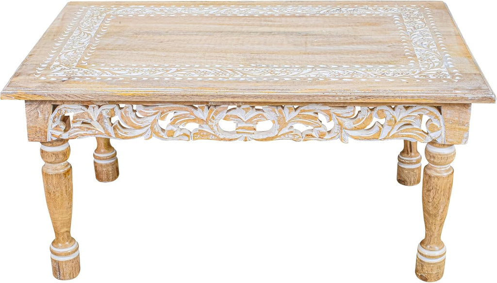 Rectangular Wooden Coffee Table 36x24x18 Inch – Beige Finish with Cutwork Jali Carving, Rustic Farmhouse Style, Mid-Century Modern Living Room Furniture