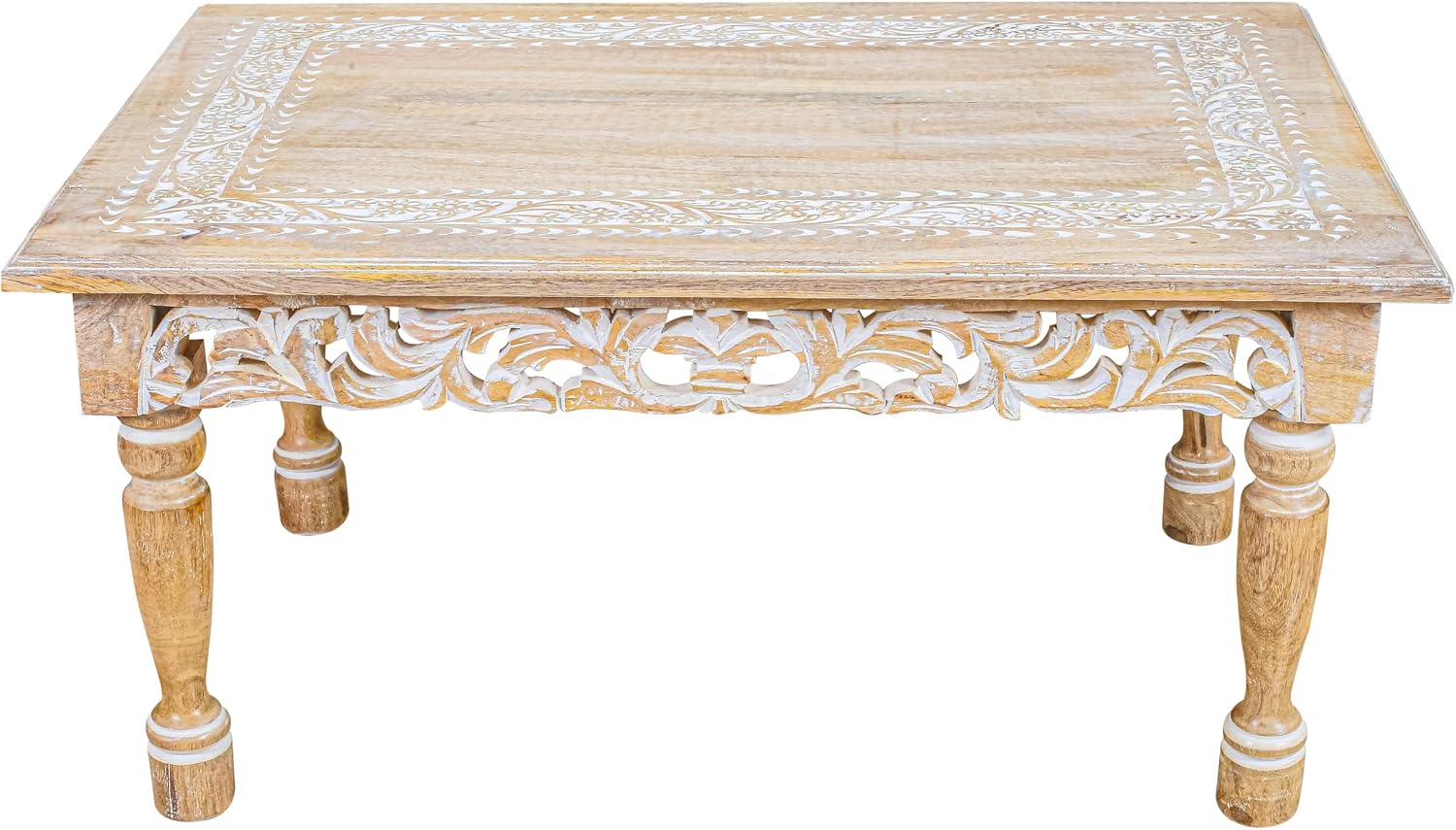Rectangular Wooden Coffee Table 36x24x18 Inch – Beige Finish with Cutwork Jali Carving, Rustic Farmhouse Style, Mid-Century Modern Living Room Furniture