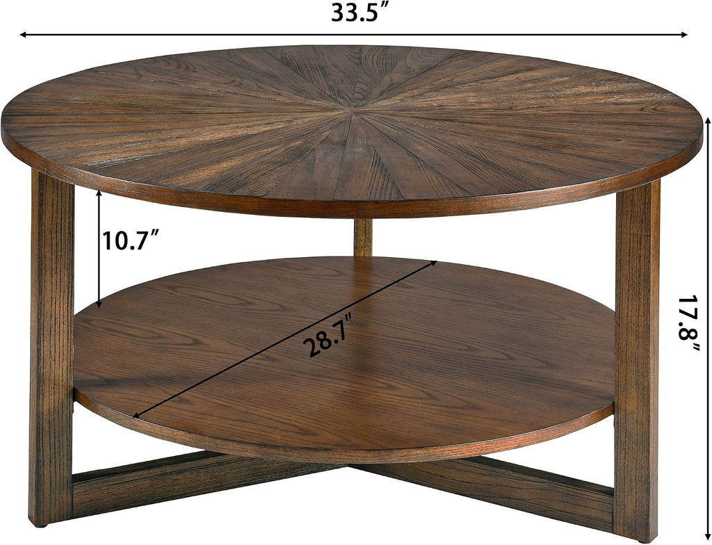 33.5' Round Coffee Table with Storage Shelf, Solid Wood Living Room Table with Umbrella Shaped Top, Farmhouse Center Cocktail Table for Office, Easy Assembly, Vintage Brown KFZ3338NC