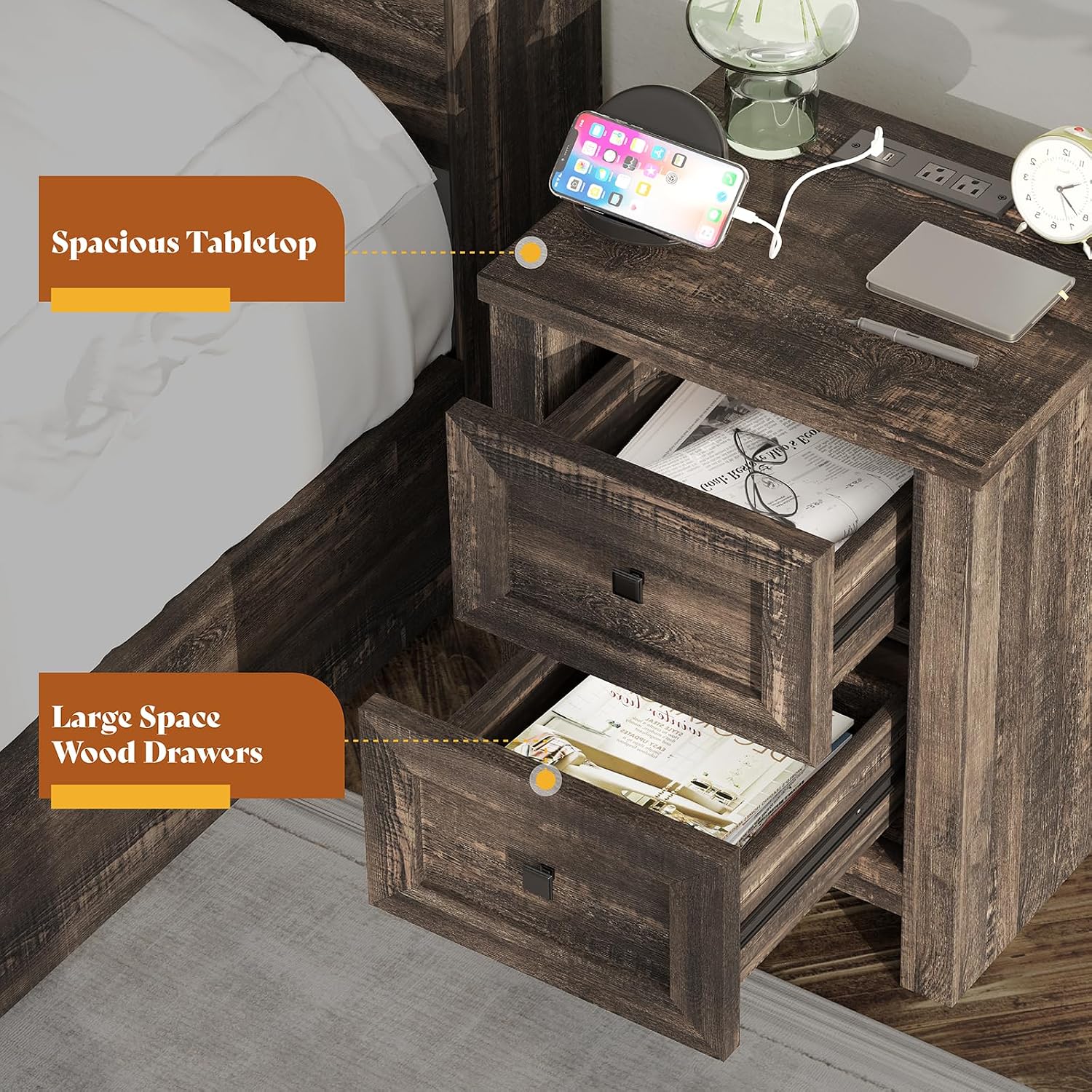 AMERLIFE Nightstand Set of 2 with Charging Station, Rustic Bedside Table with Drawers Storage, Farmhouse Wood Night Stand for Bedroom, Dark Oak