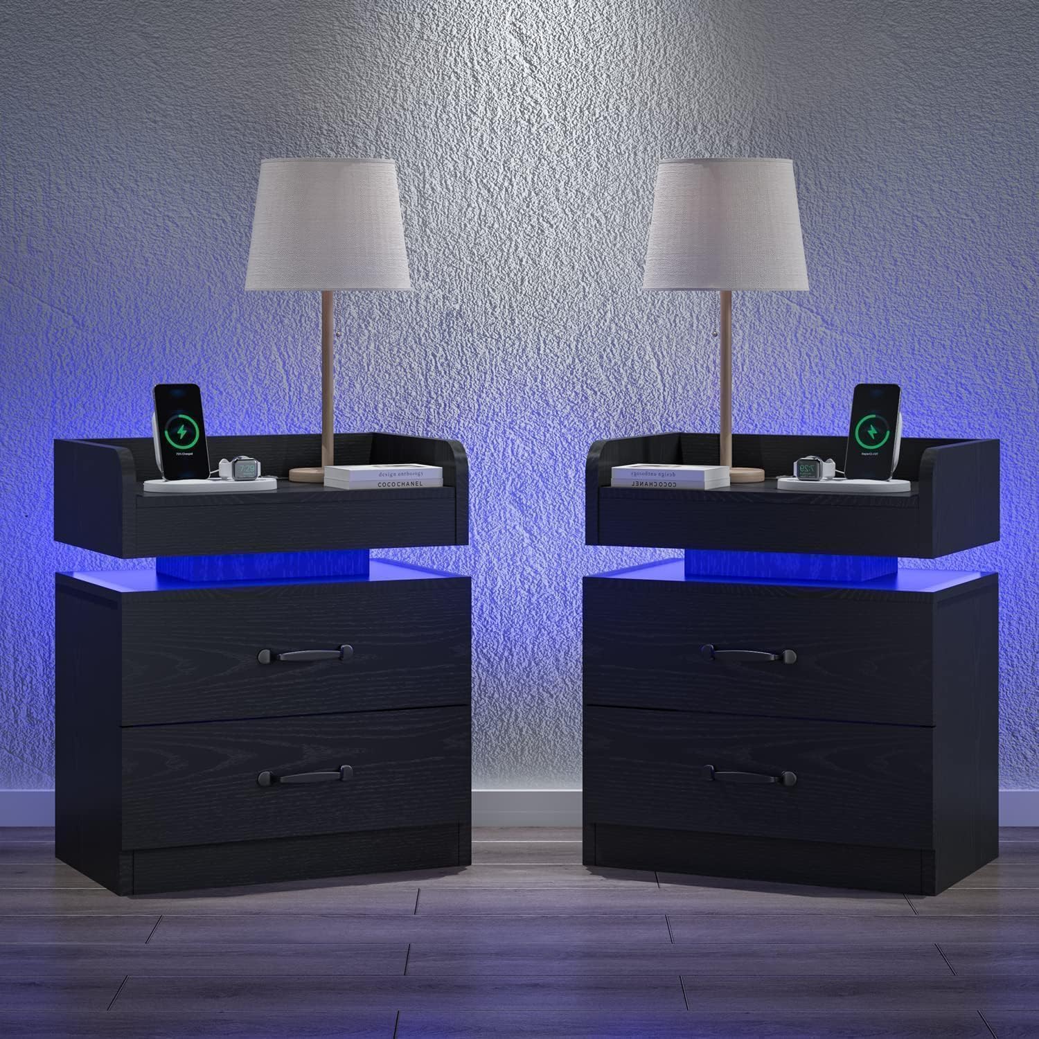4ever2buy Black Nightstand Set of 2 with Charging Station and LED Lights Modern Bedside Tables with Drawers End Tables for Bedroom
