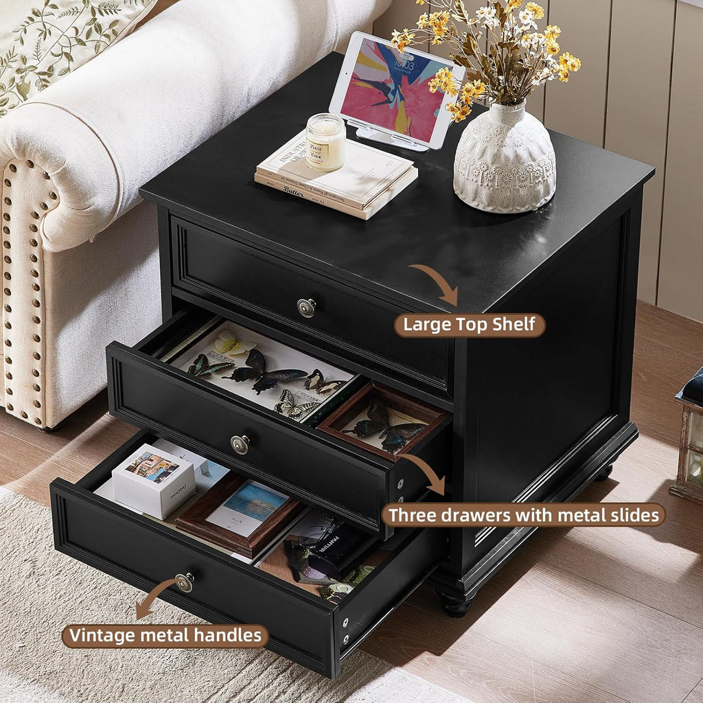 Joaxswe 24' Wide Farmhouse Night Stand Set of 2,Large End Table with 3 Drawers & Metal Handle,Wood Dresser for Bedroom Cabinet, Bed Side Table Chest of Drawers,Nightstand for Living Room,Closet,Black