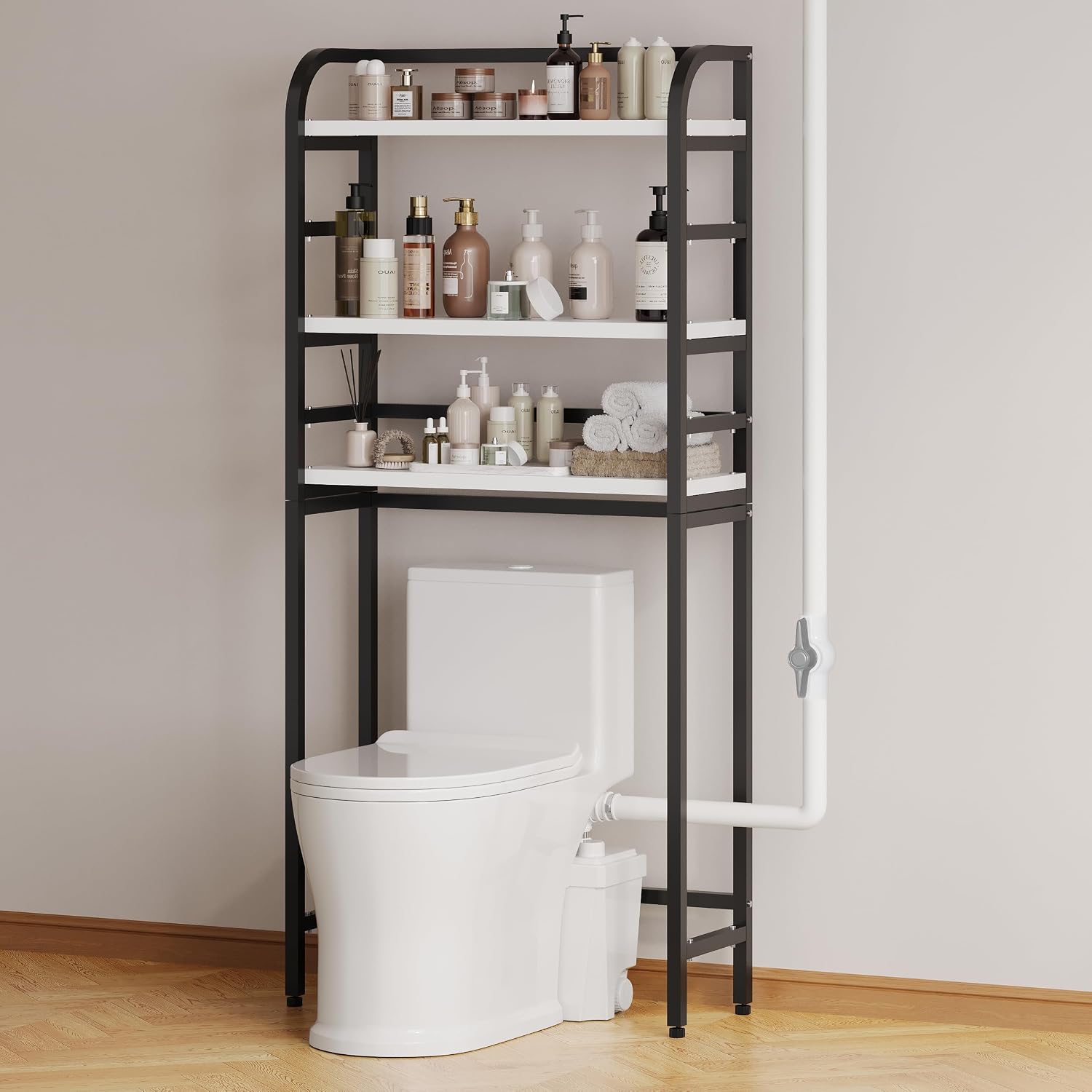 Macerating Skirted Toilet Combo with Storage Shelf, Upflush System for Basement/Bathroom, 1.28 GPF Dual Flush, White Elongated Toilet Bowl & Tank, Easy Install Up to 22 Ft Vertical/223 Ft Horizontal
