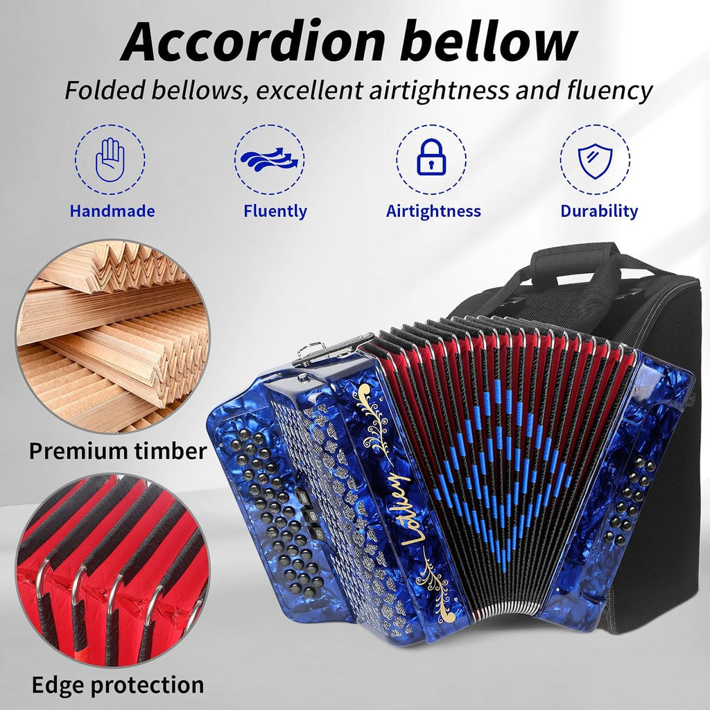 Lotkey 34 Key Diatonic Accordion, 3412 Multi Tone Celluloid Accordions Louder Clearer Timbre than Plastic for Adult, Beginner, Professional with Updated Bag, Straps, Acordeón Wrist Guard (FBE Blue)