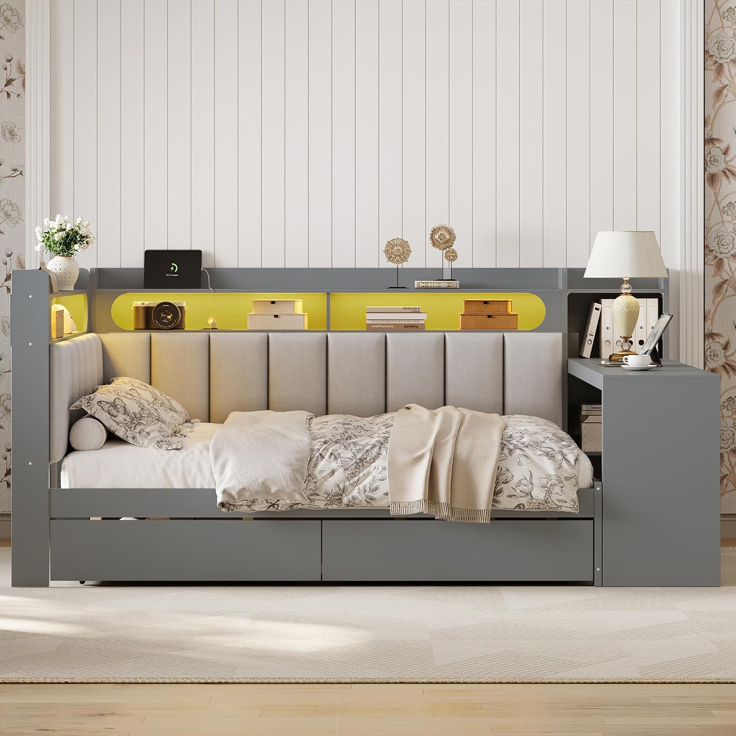 Bellemave Full Size Upholstered Daybed with Desk and Drawers and USB/LED Belt, Corner Bed with Trundle, L-Shape daybed for Bedroom Living Room, Gray（Linen）