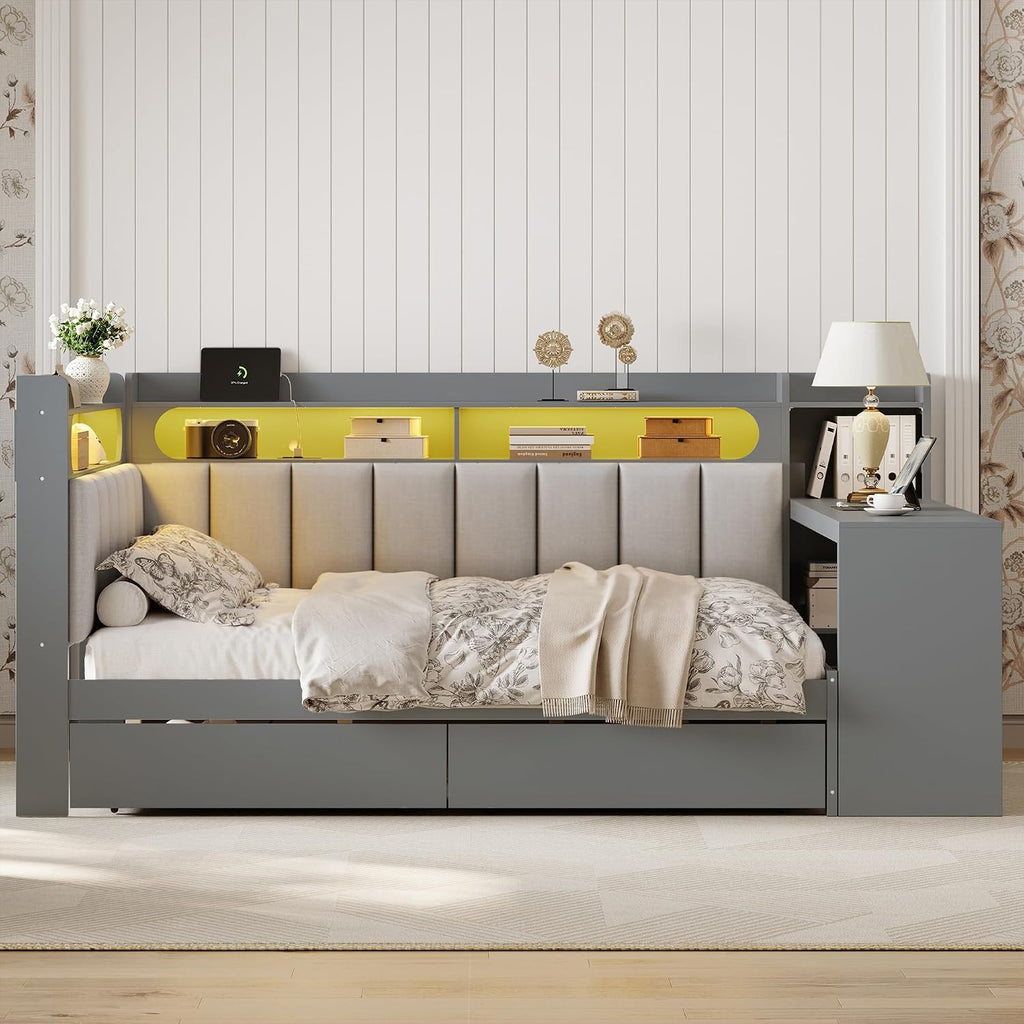 Merax Full Size Daybed Sofa Bed with Desk, 2 Drawers and Linen Upholstered Headboard and Backrest for Kids, Teens or Adults, Gray Wooden Corner Bed Platform Bed with Shelves, USB and Light