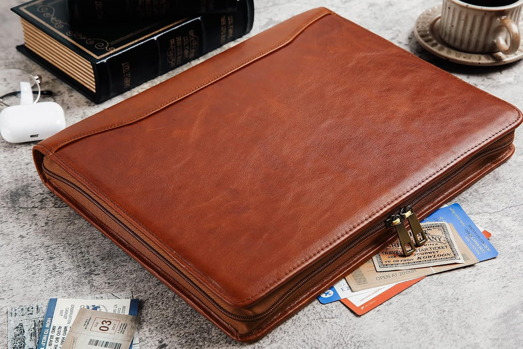 DUKE&COW Leather Portfolio with 3 Ring Binder, Personalized Leather Binder Padfolio Executive Folio Zippered, Engraved Leather Folder Portfolio Organizer, Custom Gift for Men Women （Brown, Custom）