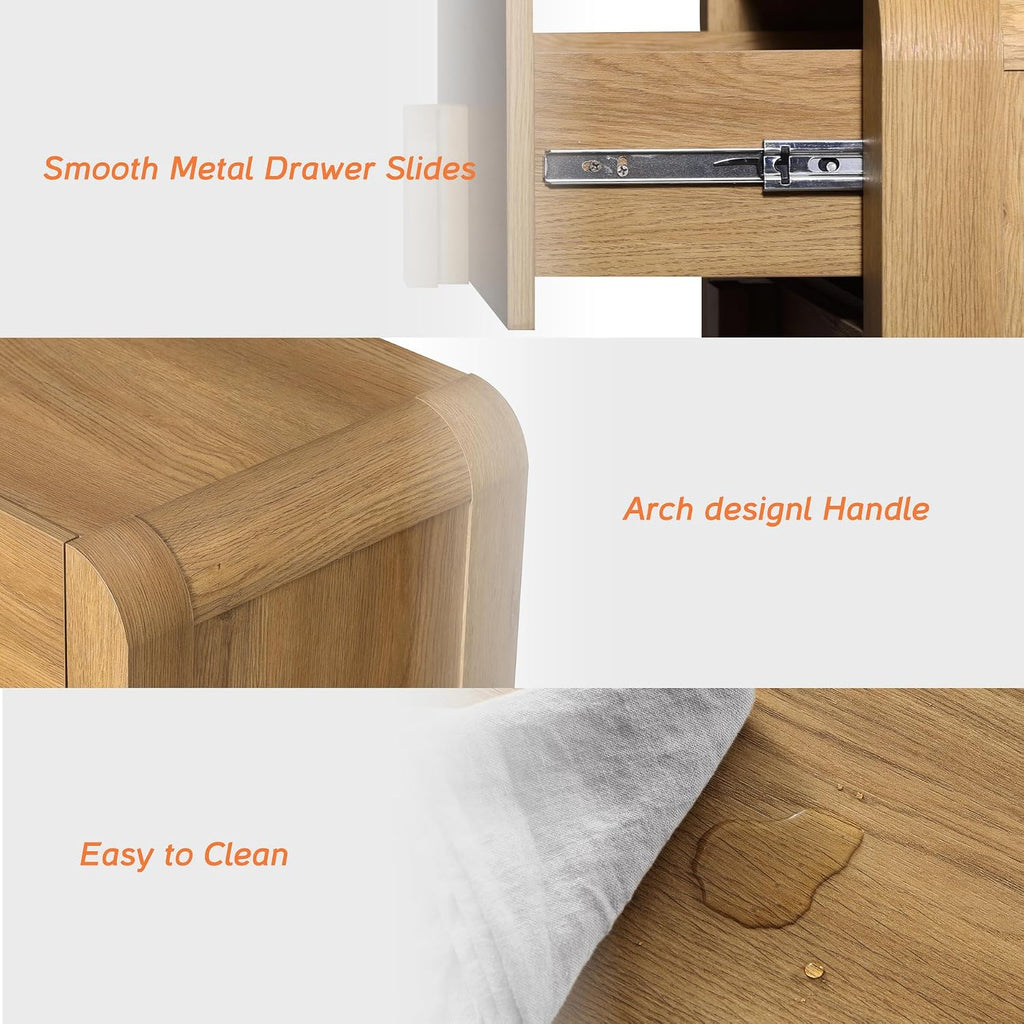 WAMPAT Nightstands Set of 2, Large Nightstands with 3 Drawers, Modern 31.5' Tall Wooden End Tables with Storage, Walnut Nightstands Bedside Tables with Curved Design for Bedroom
