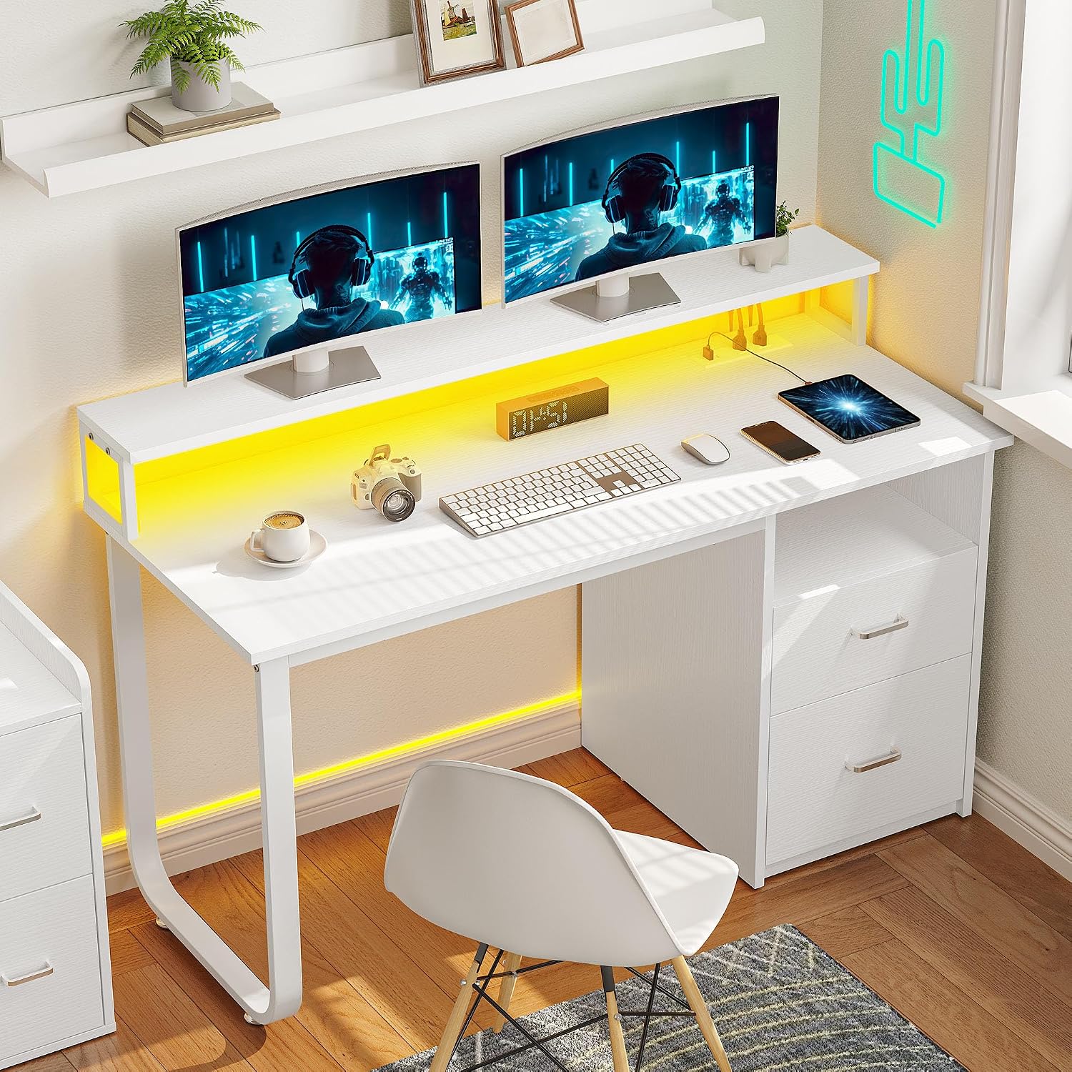 YITAHOME Computer Desk with Drawers, 47.2' Office Desk with Power Outlets & LED Light, Home Office Desk with Storage Shelves, White