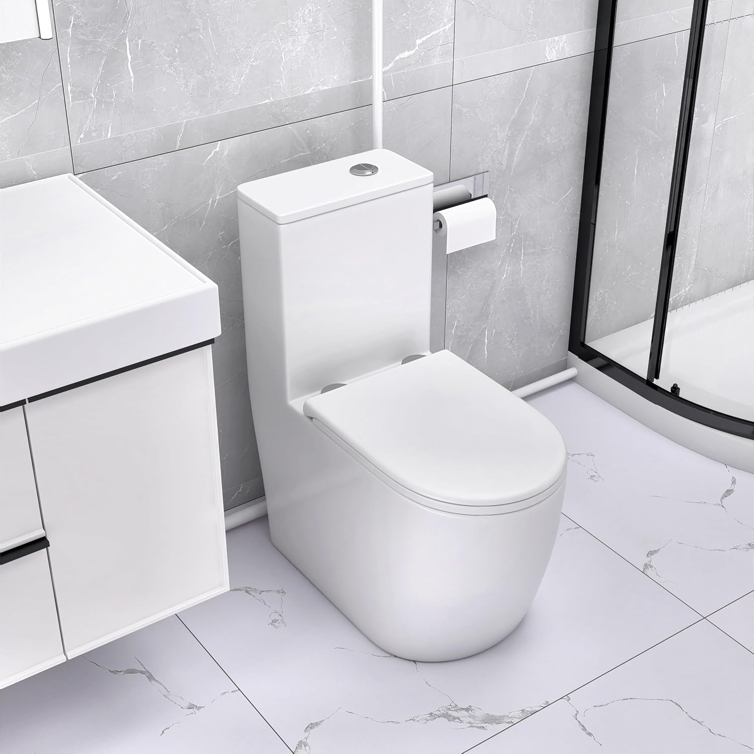 One Piece Top Dual Flush Macerating Toilet W/450Watt Macerator Slient Pump for Basement, 4 Water Inlets Suitable for Bathroom Kitchen Basement,Powerful Flushing Capability Total 2 Items.