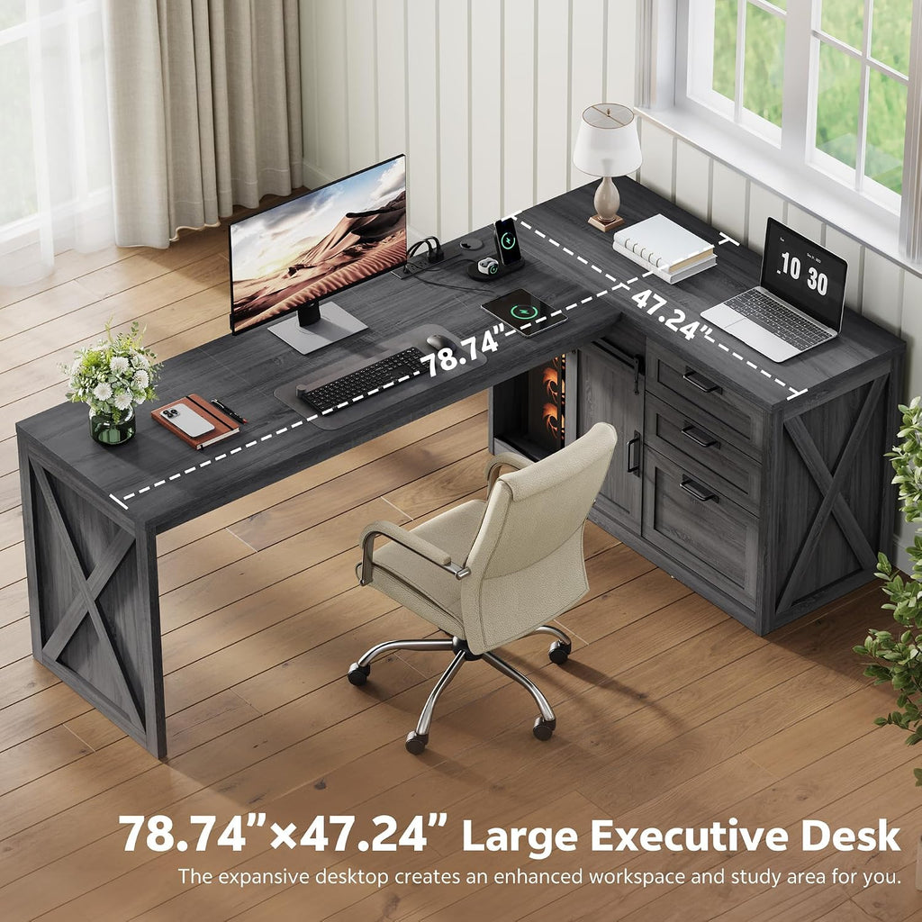 Farmhouse L Shaped Office Desk with Drawers 78 Inch L Shape Desk Executive Office Desk with File Cabinet Storage Shelves and Power Outlets for Home Office Dark Grey