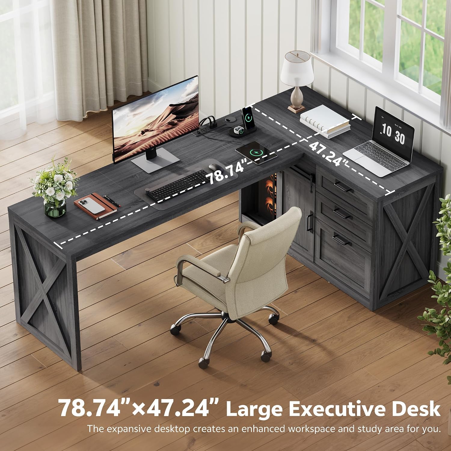 Farmhouse L Shaped Office Desk with Drawers 78 Inch L Shape Desk Executive Office Desk with File Cabinet Storage Shelves and Power Outlets for Home Office Dark Grey
