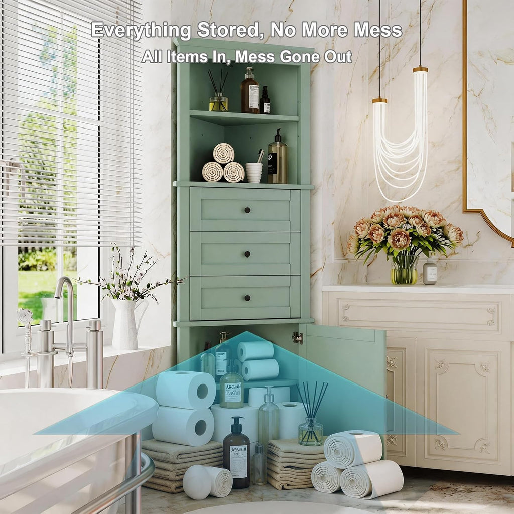 Corner Storage Cabinet with Adjustable Shelves, 68.9 in Tall | MDF, painted finish, adjustable shelves, corner fit, enclosed storage, bathroom, kitchen, 23 W x 13.4 D x 68.9 H in